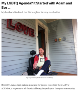Screenshot image of this article on Medium.com showing photo of Dave Adox laughing while sitting in wheelchair on a porch.